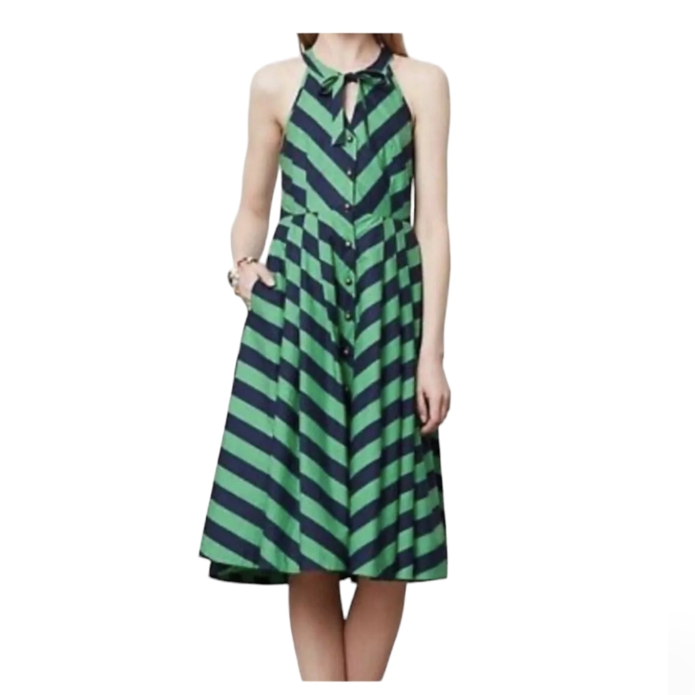 Anthropologie Girls From Savoy Emerald ‎ Green Chevron Swing Halter Dress Size 2